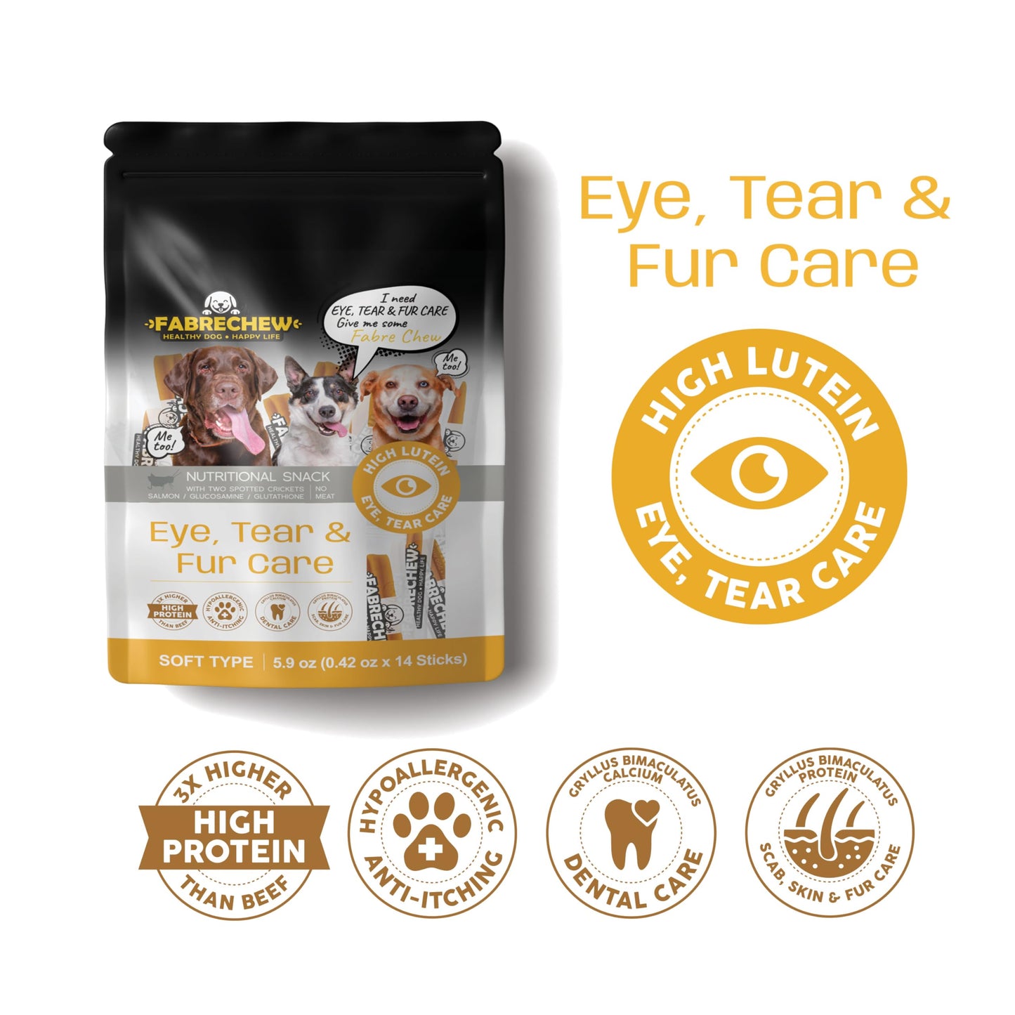 Fabrechew Yellow Eye, Tear Marks & Fur Care Dog Treats – High-Protein Dental Snacks with Cricket & Salmon Protein, Hypoallergenic, Meat Free, Supports Clear Eyes & Healthy Fur, Soft Type (14 Pcs)