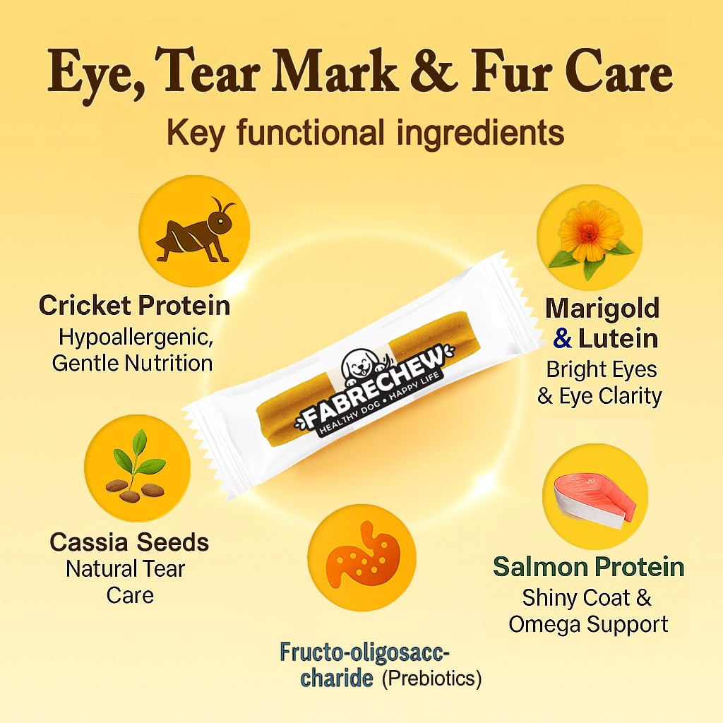 Fabrechew Yellow Eye, Tear Marks & Fur Care Dog Treats – High-Protein Dental Snacks with Cricket & Salmon Protein, Hypoallergenic, Meat Free, Supports Clear Eyes & Healthy Fur, Soft Type (14 Pcs)