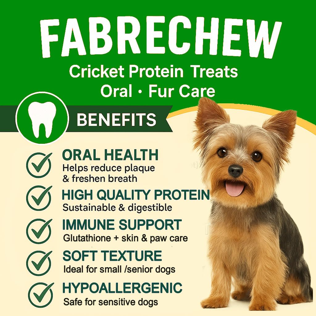 Fabrechew Cricket Protein Dog Treats – High-Protein Soft Dental Chews for Oral Health, Fresh Breath & Shiny Coat, Hypoallergenic, No Meat, Sensitive Dogs, Sustainable, (14 Pcs)