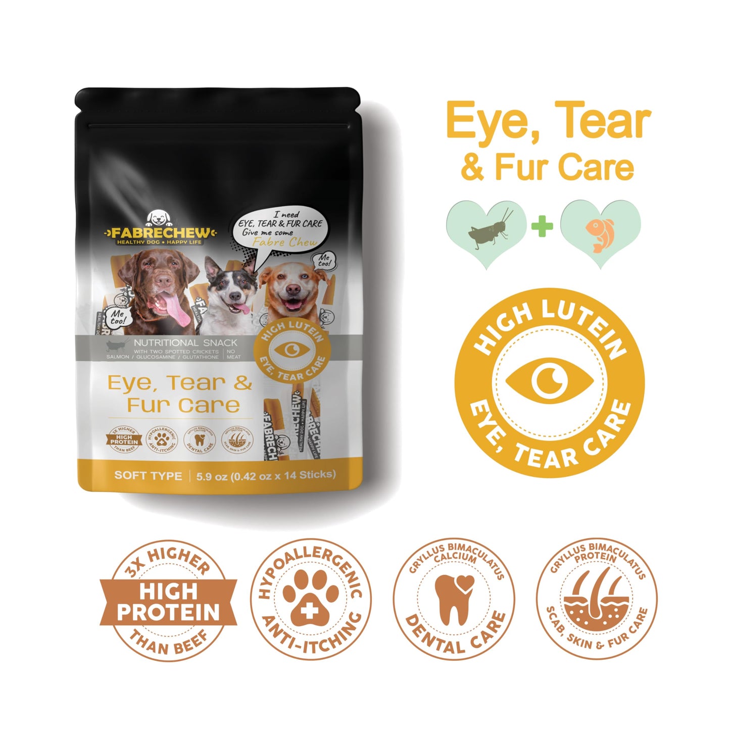 Fabrechew Cricket Protein Dog Treats : High-Protein Dental Chews for Fresh Breath, Hypoallergenic & Fur Health, No Meat, Sustainable, (14 Pcs)