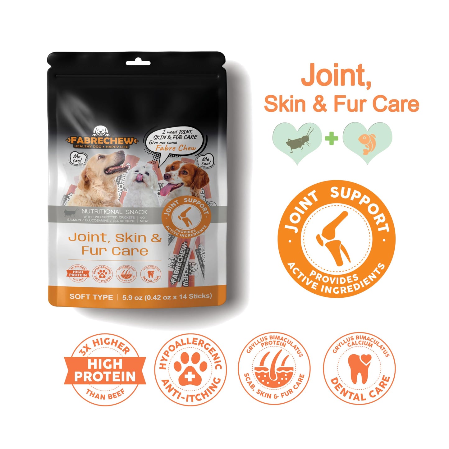 Fabrechew Cricket Protein Dog Treats : High-Protein Dental Chews for Fresh Breath, Hypoallergenic & Fur Health, No Meat, Sustainable, (14 Pcs)