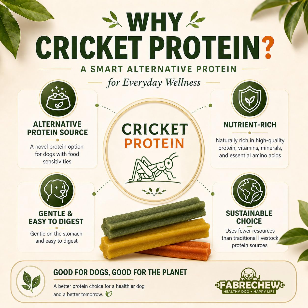 Fabrechew Cricket Protein Dog Treats : High-Protein Dental Chews for Fresh Breath, Hypoallergenic & Fur Health, No Meat, Sustainable, (14 Pcs)