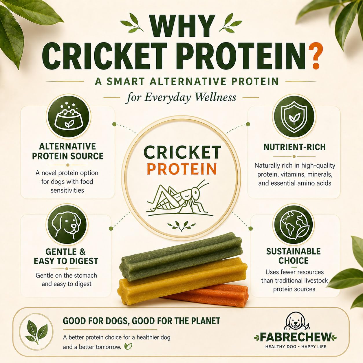 Fabrechew Cricket & Salmon Protein Dog Treats – Hypoallergenic High-Protein Soft Dental Chews for Sensitive Dogs 14 Pcs (Joint, Skin & Fur Care)