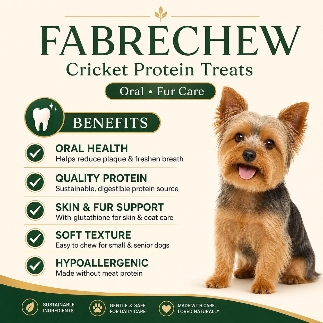 Fabrechew Cricket Protein Dog Treats : High-Protein Dental Chews for Fresh Breath, Hypoallergenic & Fur Health, No Meat, Sustainable, (14 Pcs)
