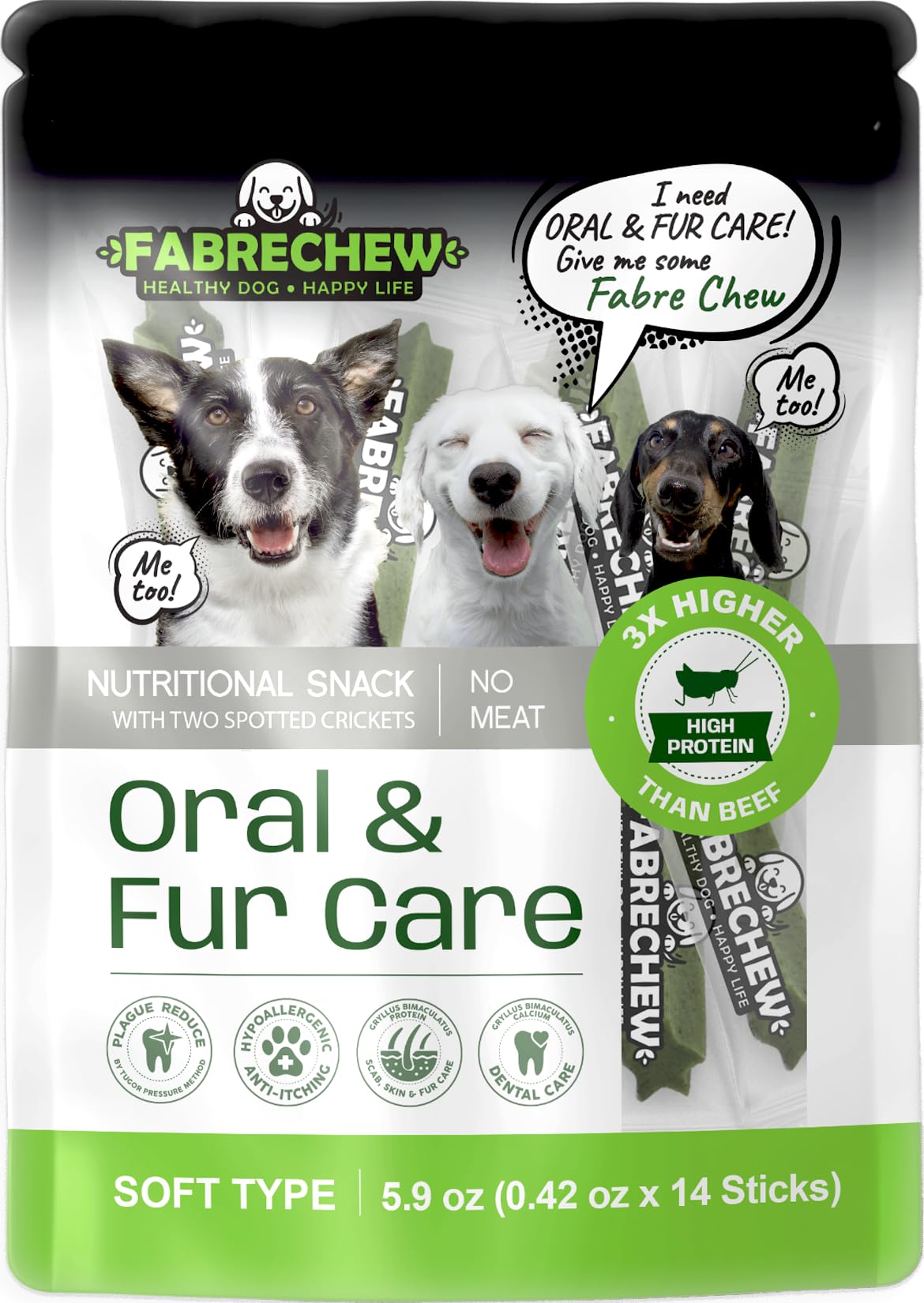 Fabrechew Cricket Protein Dog Treats : High-Protein Dental Chews for Fresh Breath, Hypoallergenic & Fur Health, No Meat, Sustainable, (14 Pcs)