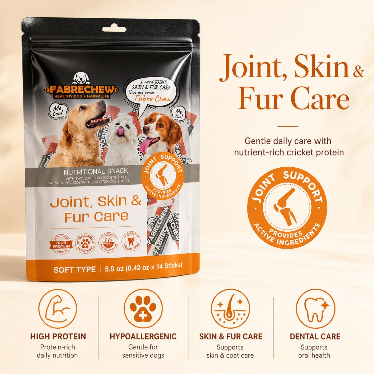 Fabrechew Cricket & Salmon Protein Dog Treats – Hypoallergenic High-Protein Soft Dental Chews for Sensitive Dogs 14 Pcs (Joint, Skin & Fur Care)