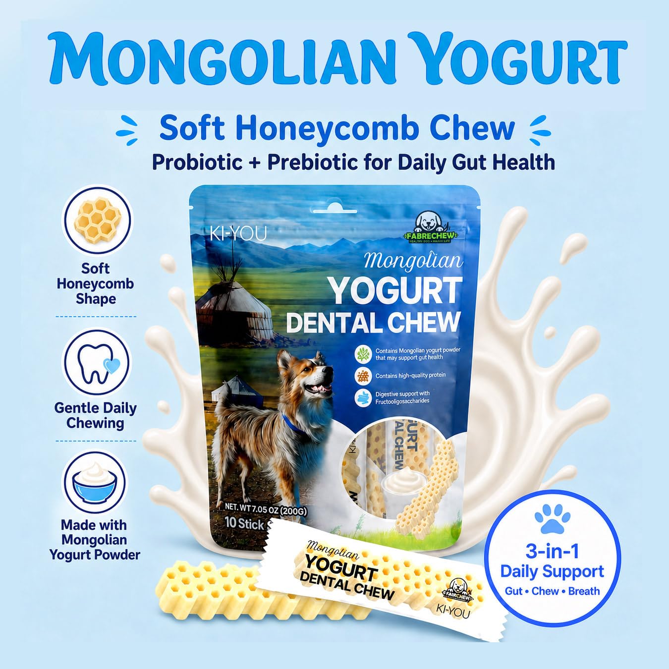 KIYOU Mongolian Yogurt for Dogs – Probiotic & Prebiotic Rich for Gut Health, Soft Honeycomb Shape for Gentle Dental Care, and Sensitive Gums (Chew - Long Type)