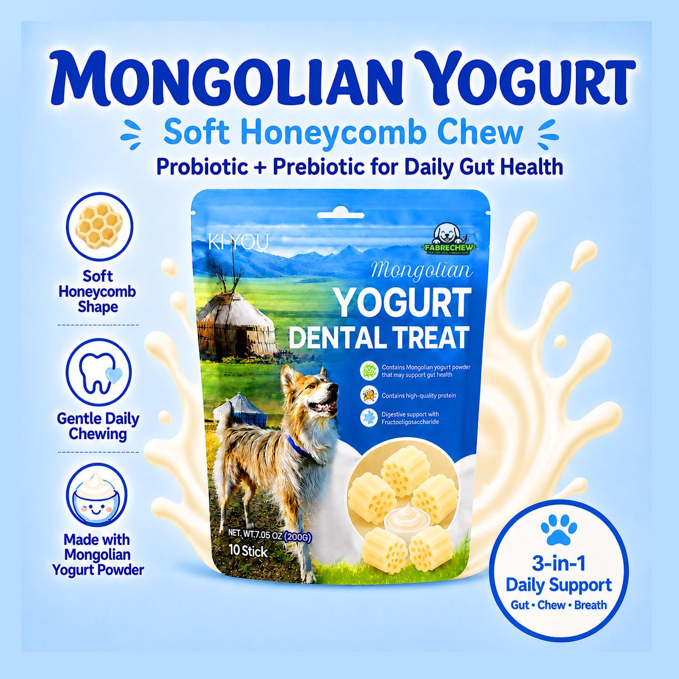 KIYOU Mongolian Yogurt for Dogs – Probiotic & Prebiotic Rich for Gut Health, Soft Honeycomb Shape for Gentle Dental Care, and Sensitive Gums (Treat - Small Type)