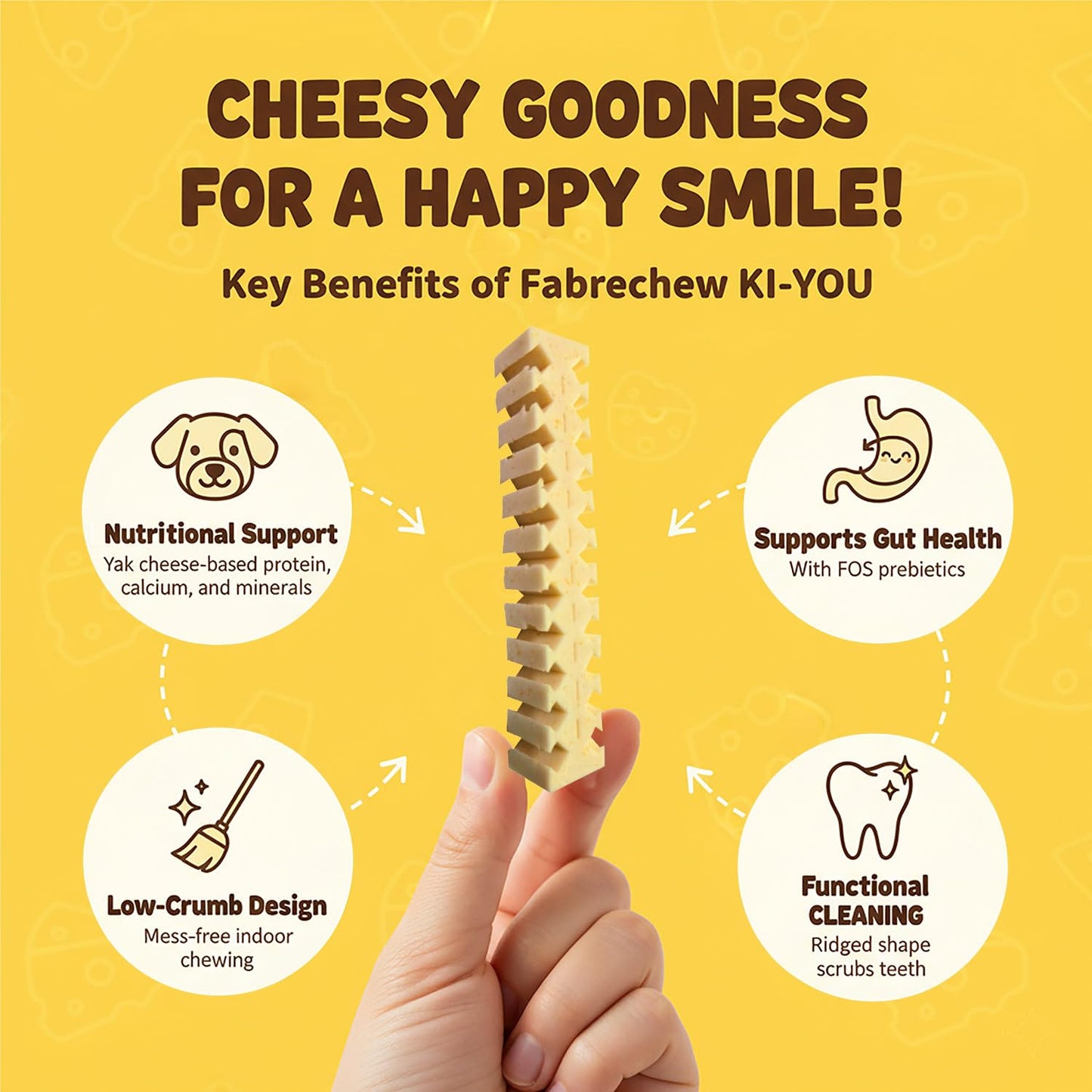 KI-You Himalayan Yak Cheese – Soft, Prebiotic & Nutritious Dental Chew for Dogs with Unique Cleaning Shape, Gentle on Teeth, Supports Gut & Oral Health, Less-Mess Formula (Chew - Long Type)