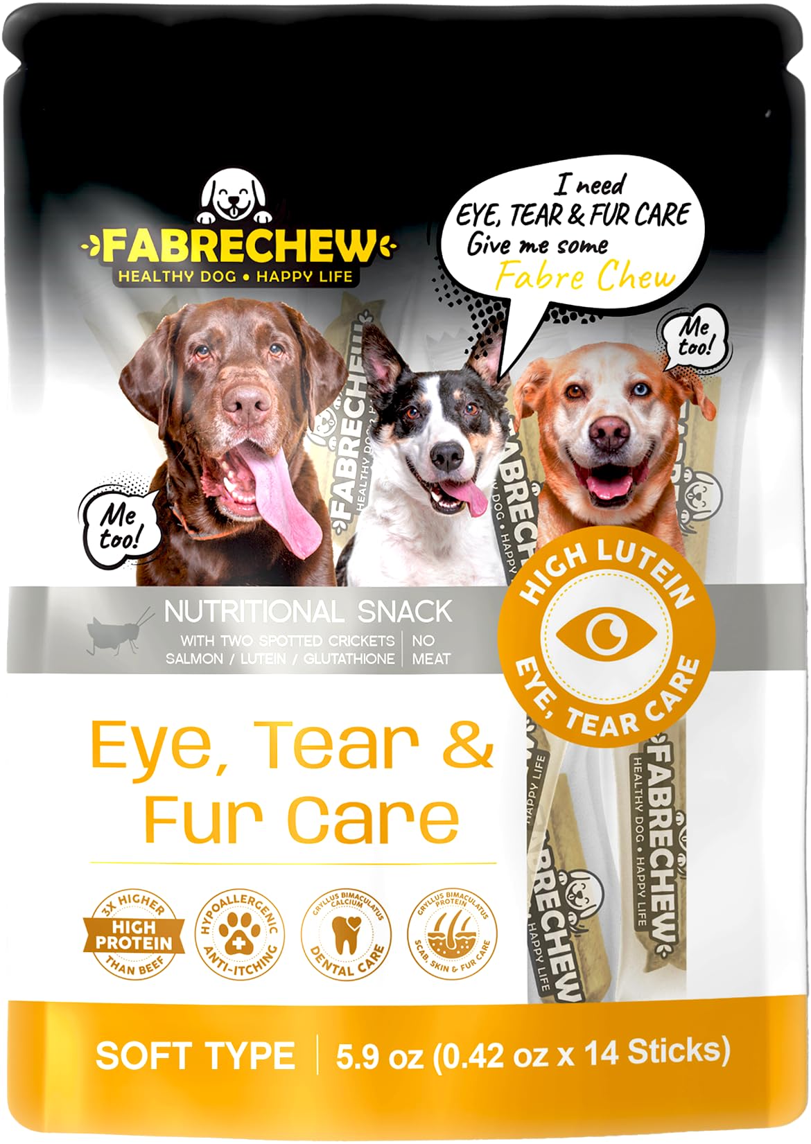 Fabrechew Cricket & Salmon Protein Dog Treats – Hypoallergenic High-Protein Soft Dental Chews for Sensitive Dogs 14 Pcs (Eye, Tear Marks & Fur Care)