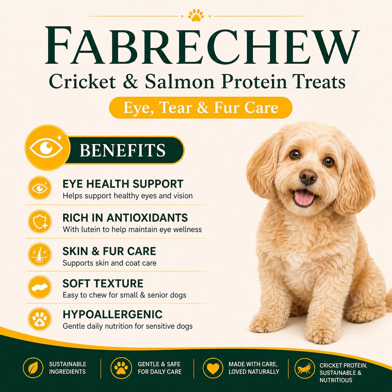Fabrechew Cricket & Salmon Protein Dog Treats – Hypoallergenic High-Protein Soft Dental Chews for Sensitive Dogs 14 Pcs (Eye, Tear Marks & Fur Care)