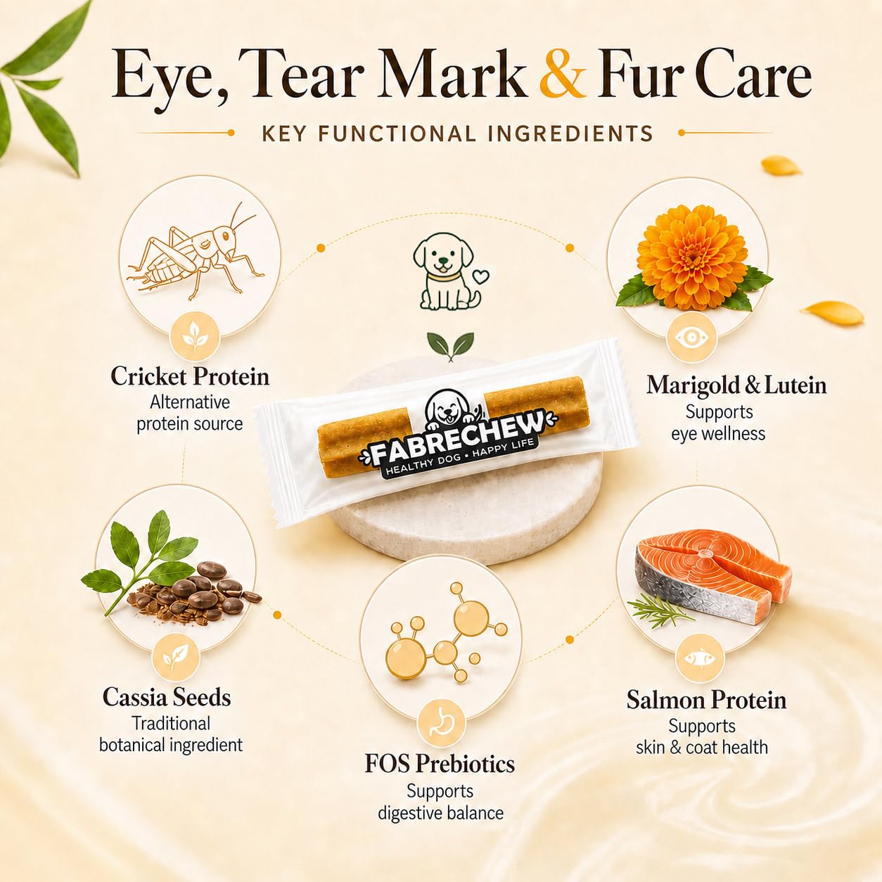 Fabrechew Cricket & Salmon Protein Dog Treats – Hypoallergenic High-Protein Soft Dental Chews for Sensitive Dogs 14 Pcs (Eye, Tear Marks & Fur Care)