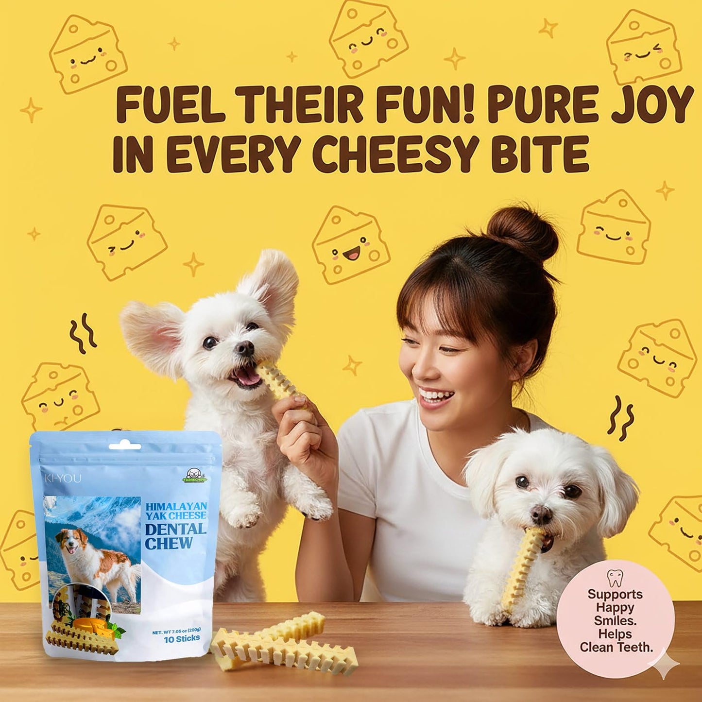 KI-You Himalayan Yak Cheese – Soft, Prebiotic & Nutritious Dental Chew for Dogs with Unique Cleaning Shape, Gentle on Teeth, Supports Gut & Oral Health, Less-Mess Formula (Chew - Long Type)