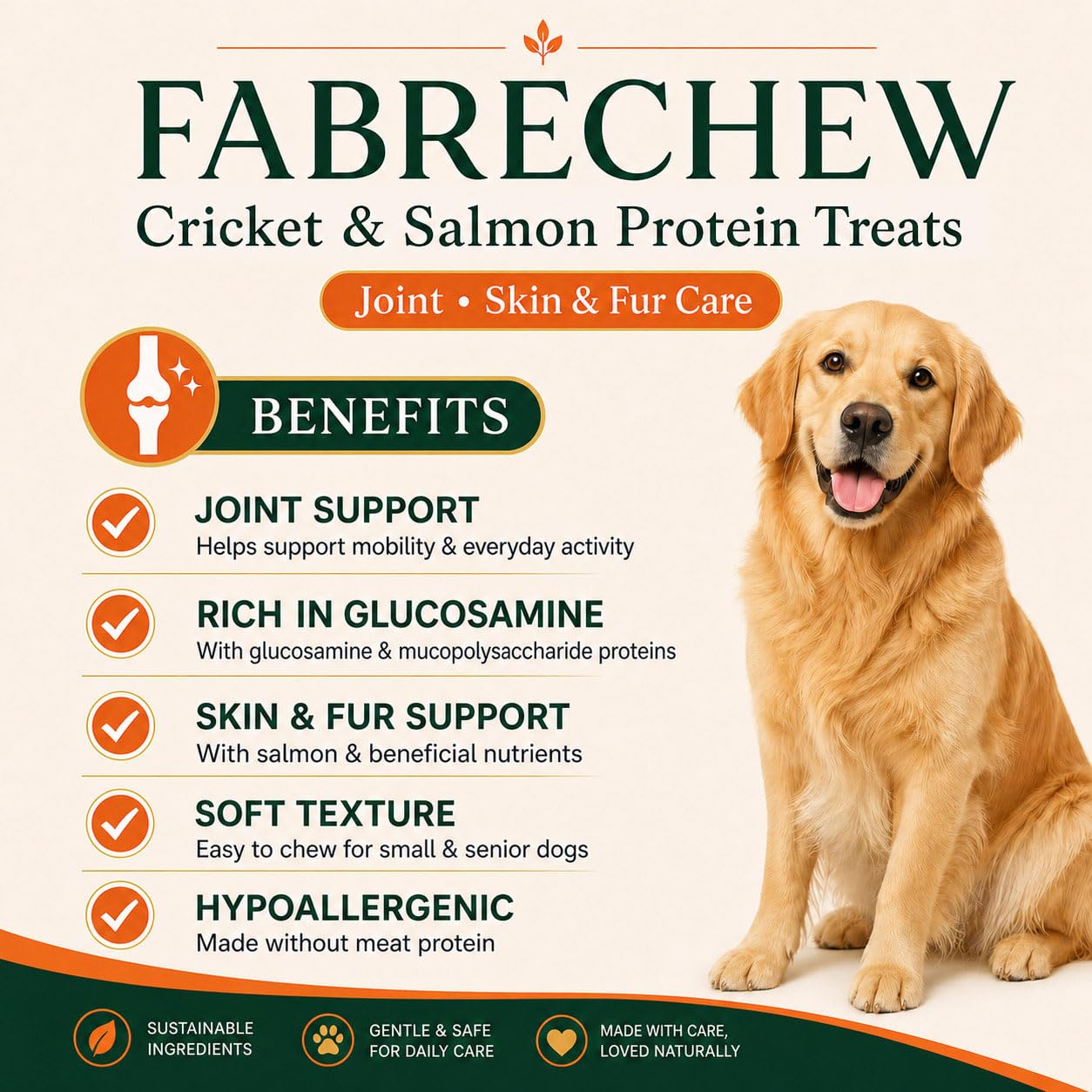 Fabrechew Cricket & Salmon Protein Dog Treats – Hypoallergenic High-Protein Soft Dental Chews for Sensitive Dogs 14 Pcs (Joint, Skin & Fur Care)