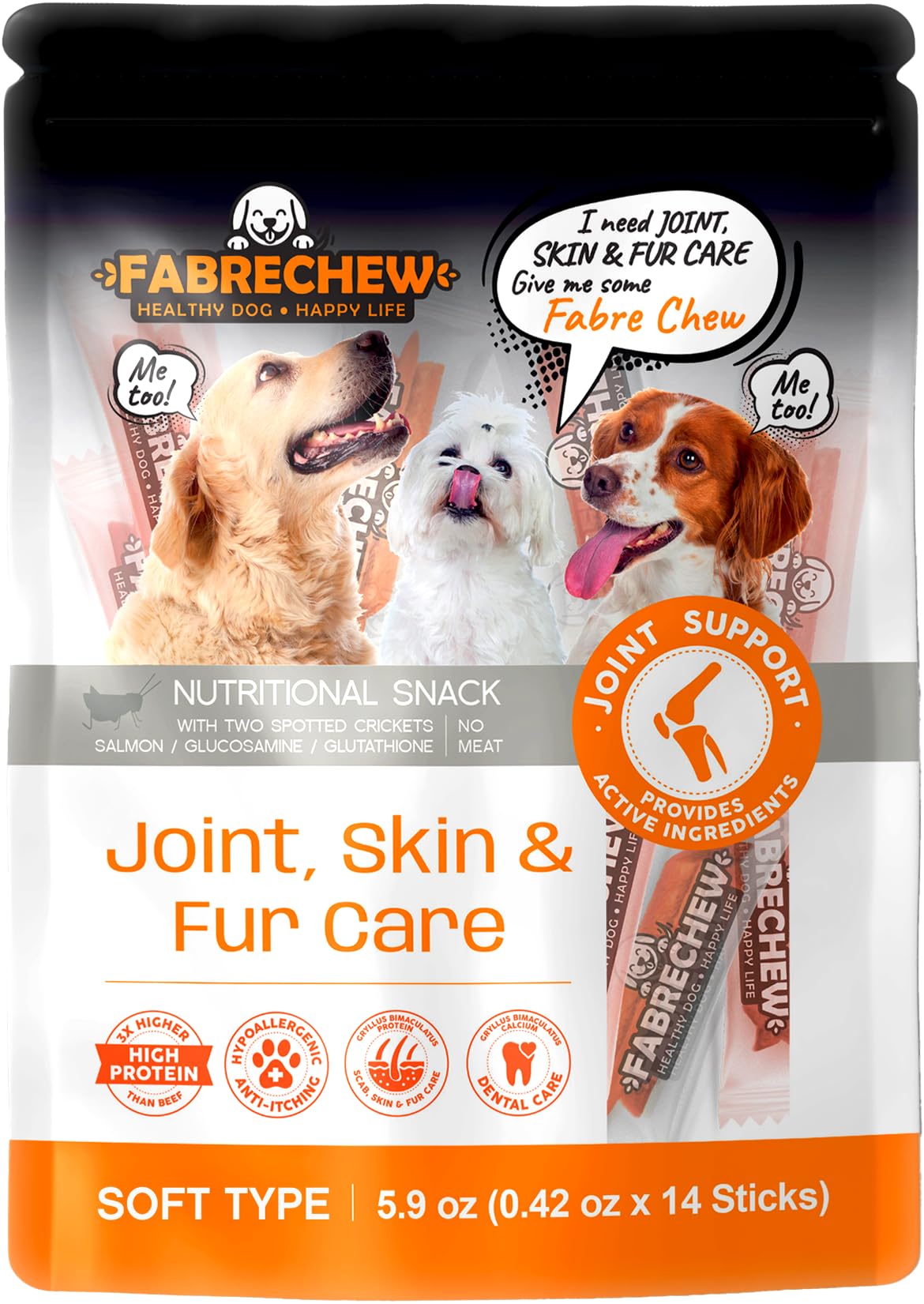 Fabrechew Cricket & Salmon Protein Dog Treats – Hypoallergenic High-Protein Soft Dental Chews for Sensitive Dogs 14 Pcs (Joint, Skin & Fur Care)