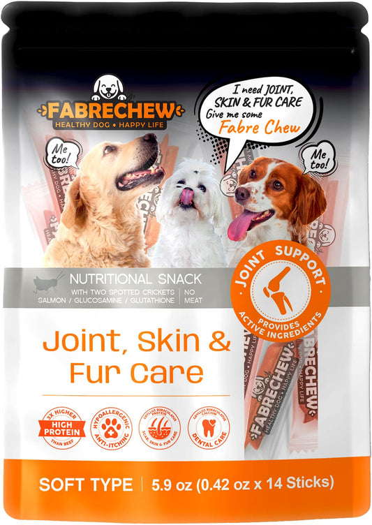 Fabrechew Cricket & Salmon Protein Dog Treats – Hypoallergenic High-Protein Soft Dental Chews for Sensitive Dogs 14 Pcs (Joint, Skin & Fur Care)