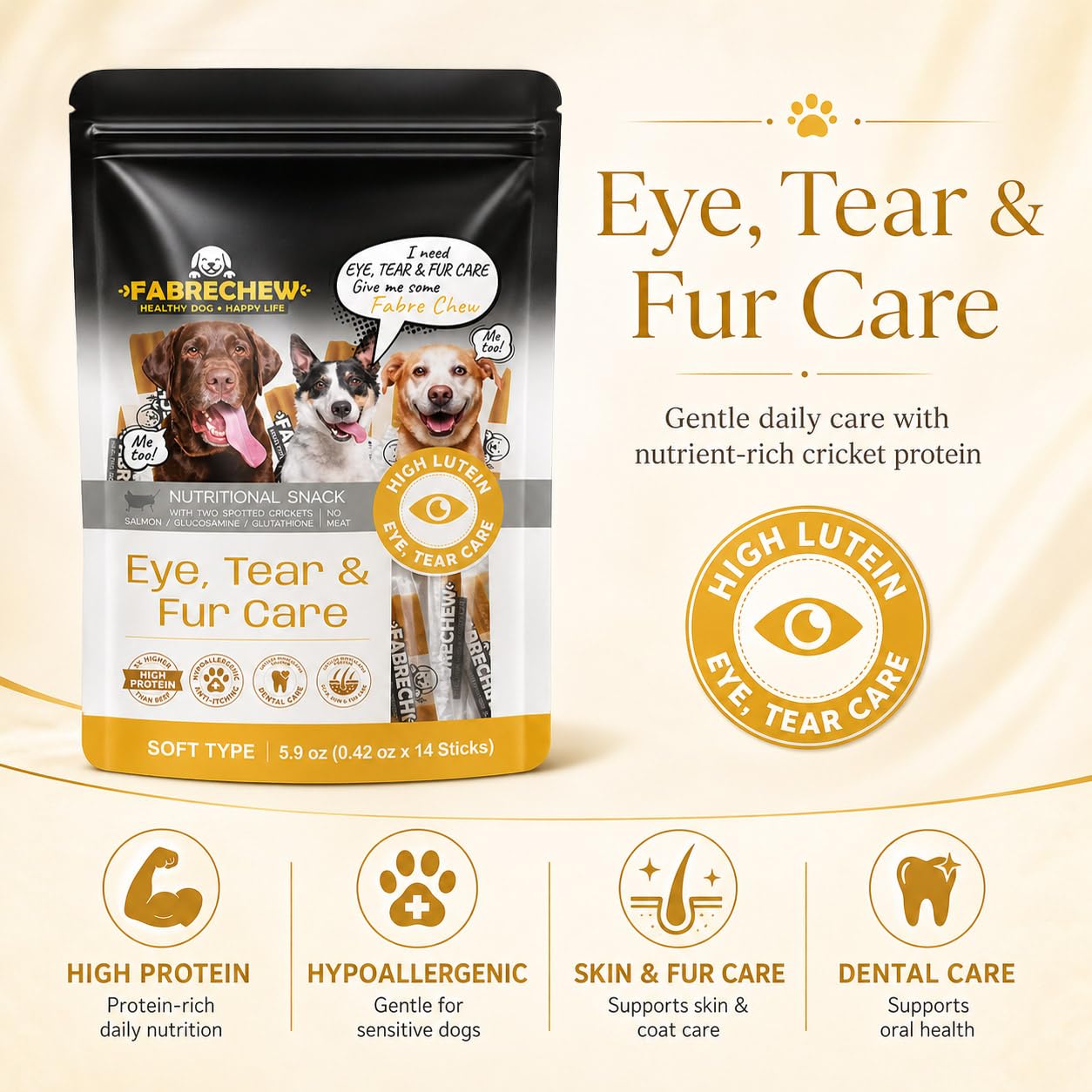 Fabrechew Cricket & Salmon Protein Dog Treats – Hypoallergenic High-Protein Soft Dental Chews for Sensitive Dogs 14 Pcs (Eye, Tear Marks & Fur Care)