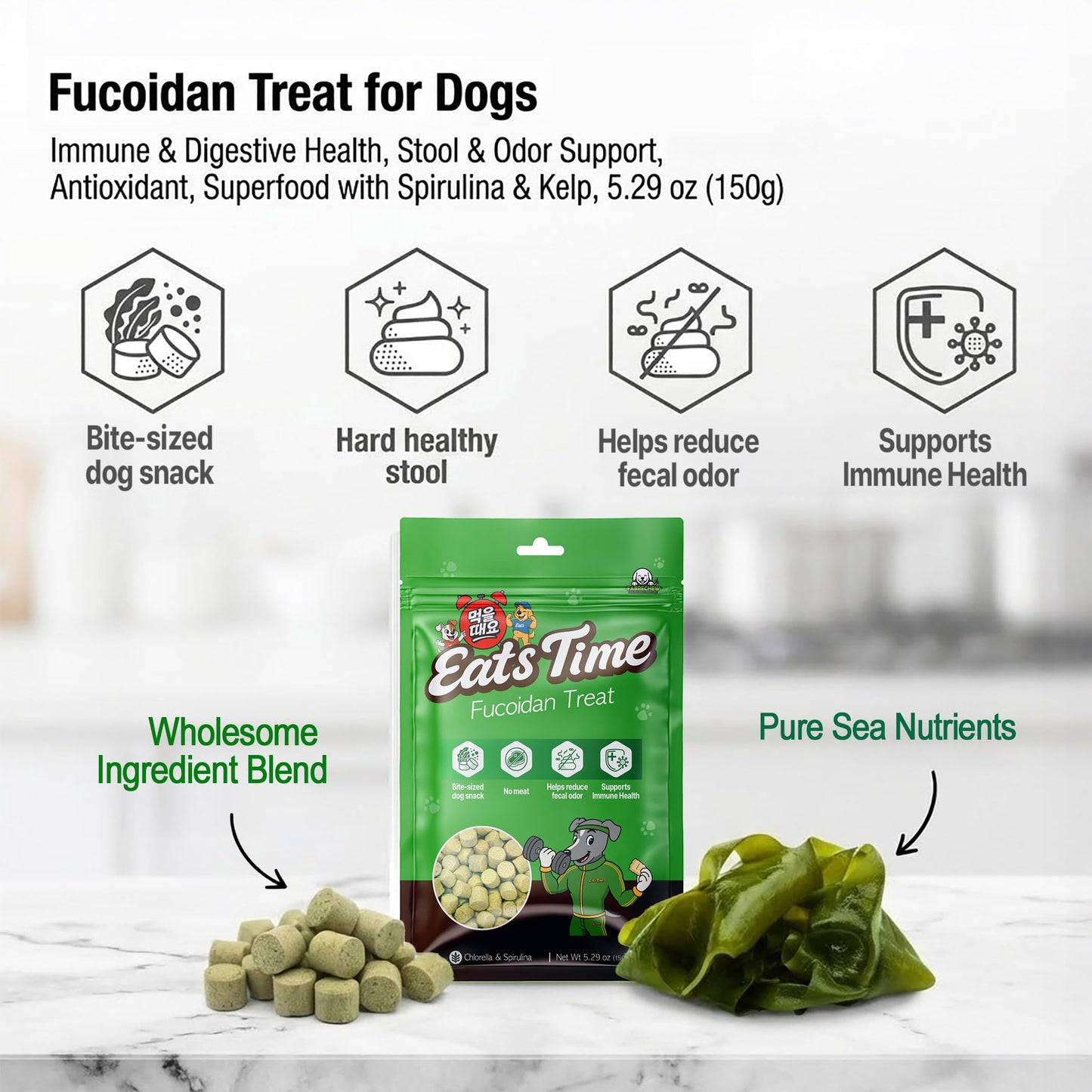 Fabrechew Fucoidan Treat for Dogs, Meat-Free Soft Chews – Immune & Digestive Health, Stool & Odor Support, Antioxidant, Superfood with Spirulina, Chlorella & Probiotics, Bite-Sized 5.29 oz (150g)