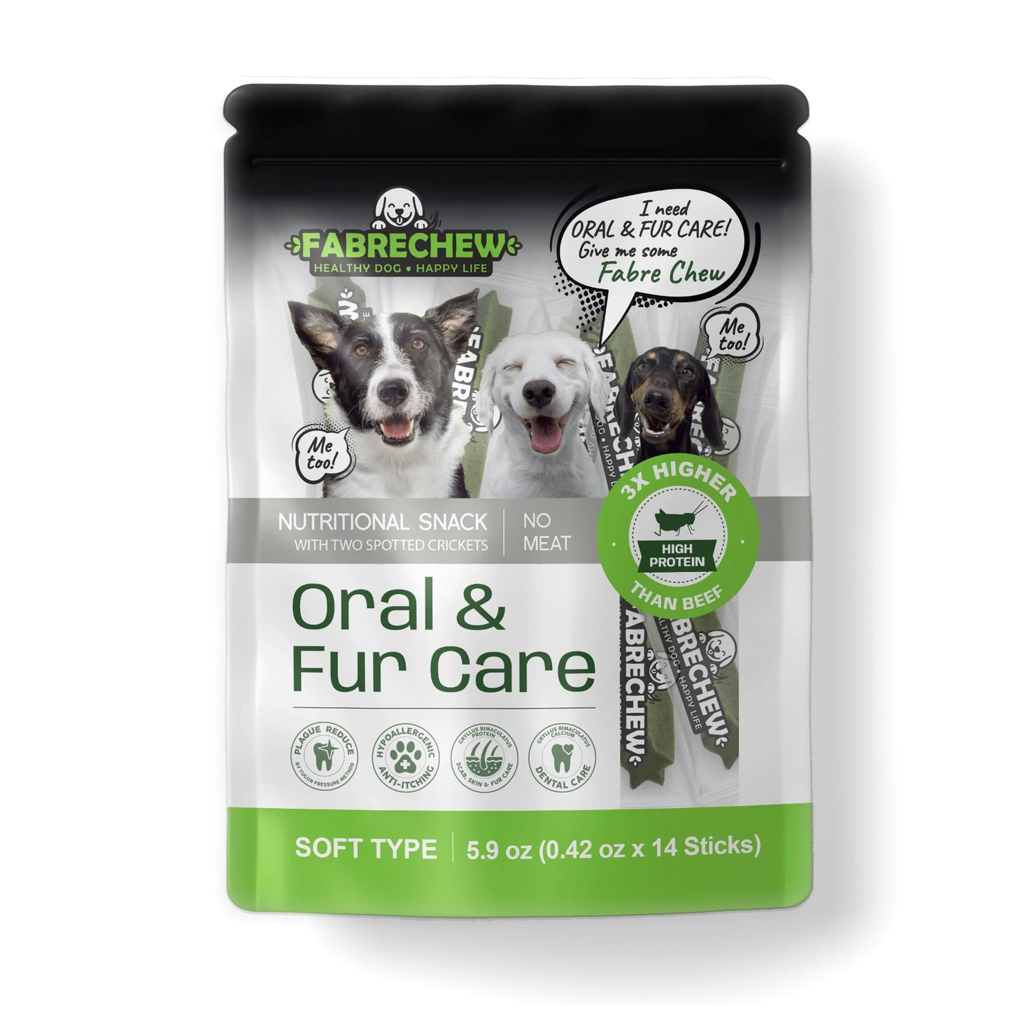 Fabrechew Cricket Protein Dog Treats : High-Protein Dental Chews for Fresh Breath, Hypoallergenic & Fur Health, No Meat, Sustainable, (14 Pcs)